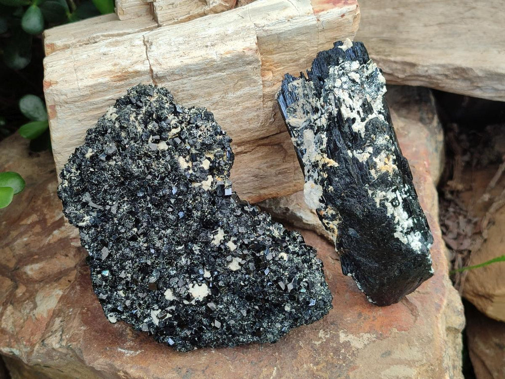 Natural Schorl Black Tourmaline Crystal Cluster Specimens with Feldspar x 2 From Erongo, Namibia