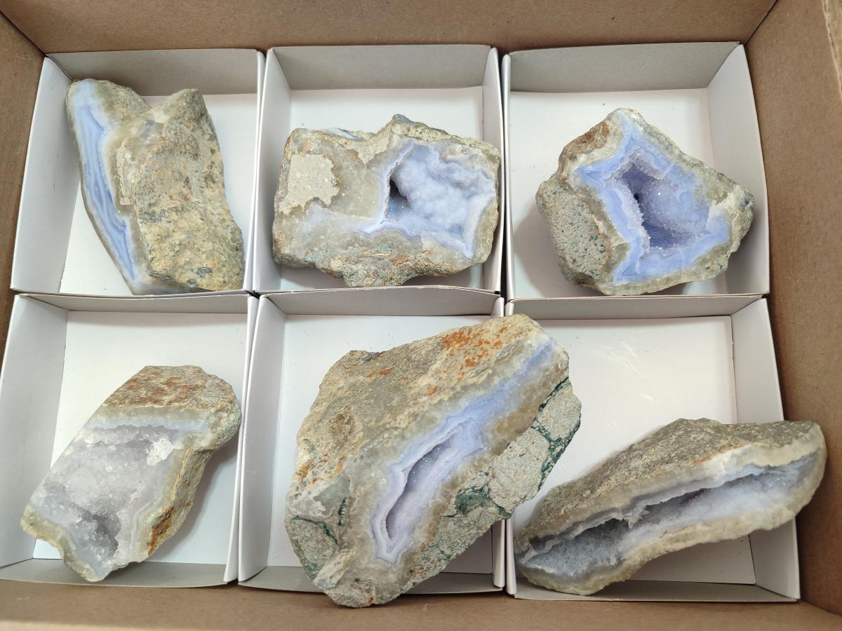 Polished One Side Blue Lace Agate Geodes x 6 From Nsanje, Malawi
