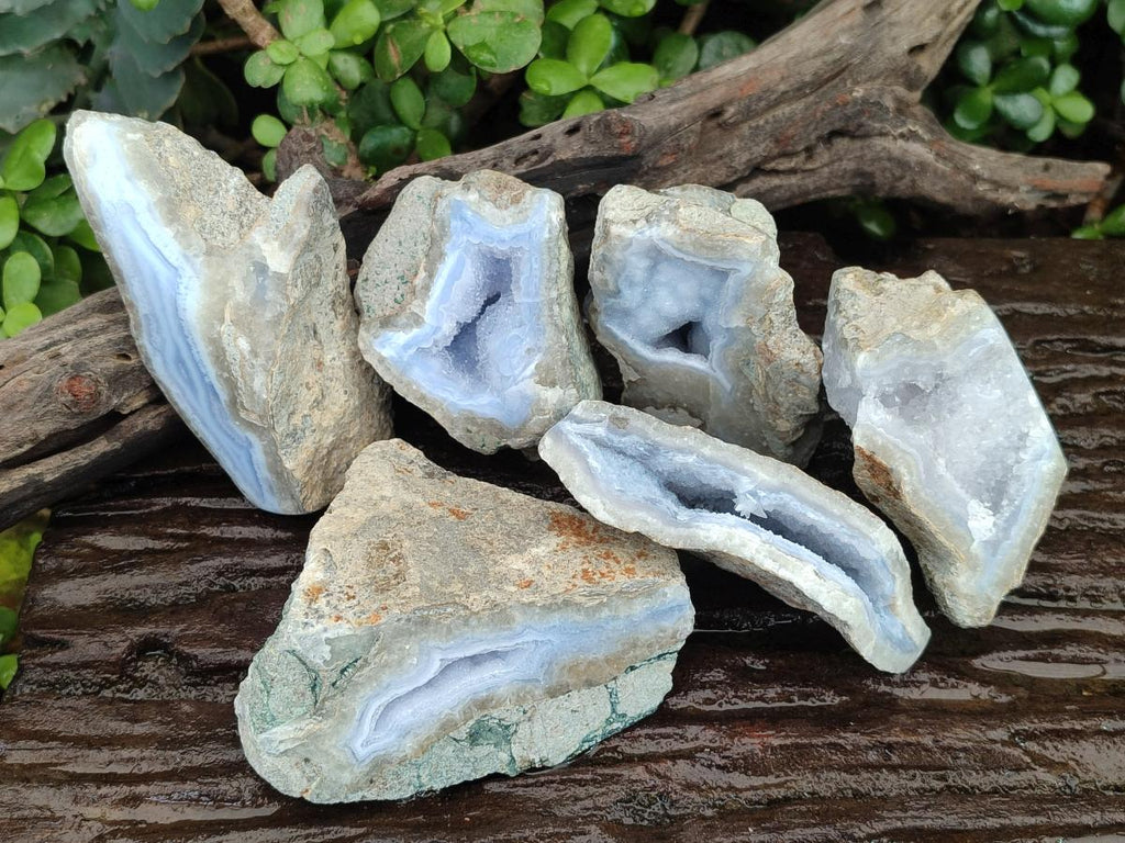 Polished One Side Blue Lace Agate Geodes x 6 From Nsanje, Malawi