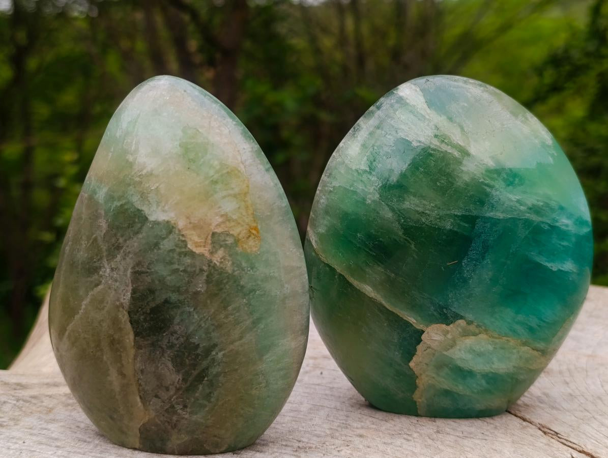 Polished Green Fluorite Standing Display Pieces x 2 From Madagascar