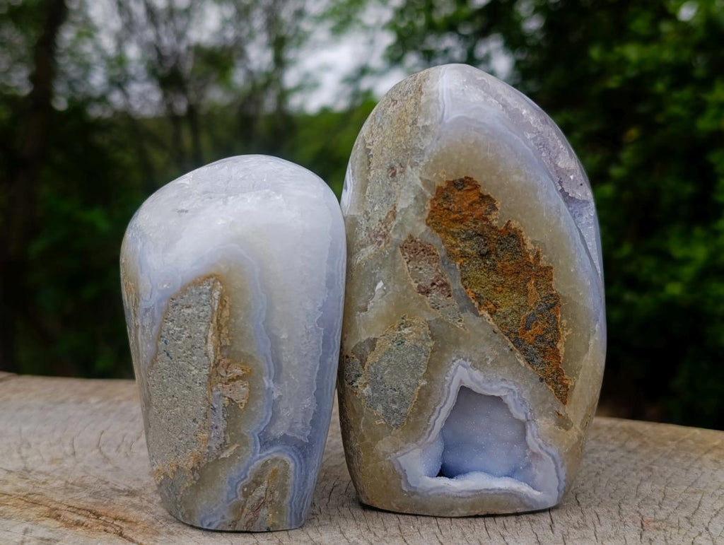 Polished and Natural Blue Lace Agate Standing Display Pieces x 2 From Nsanje, Malawi