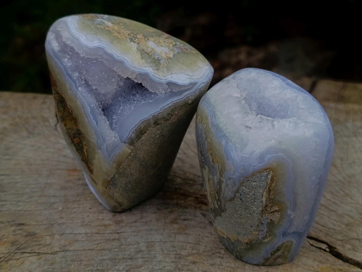 Polished and Natural Blue Lace Agate Standing Display Pieces x 2 From Nsanje, Malawi