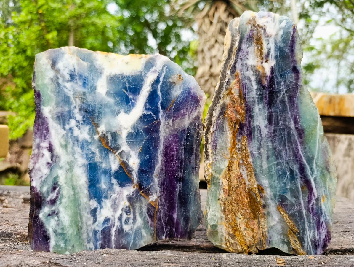 Polished and Natural Mix Watermelon Fluorite Slices x 3 From Uis, Namibia