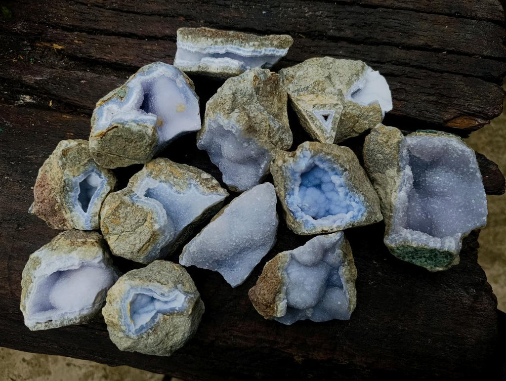 Natural Blue Lace Agate Geode Specimens x 12 From Nsanje, Malawi