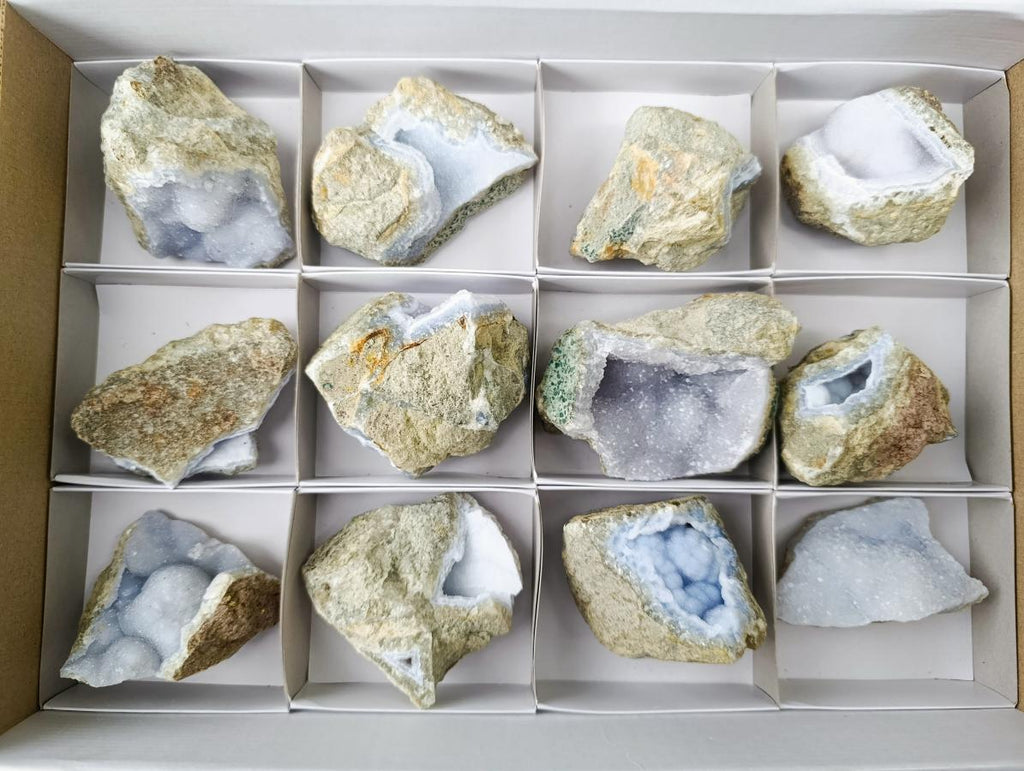 Natural Blue Lace Agate Geode Specimens x 12 From Nsanje, Malawi