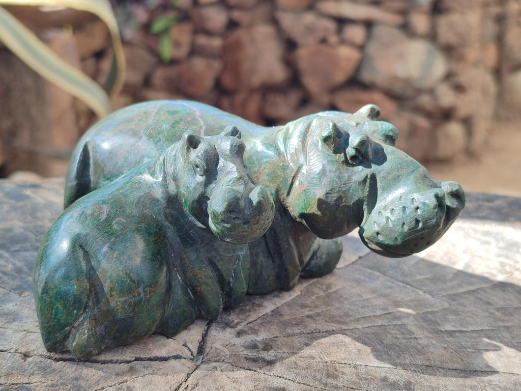 Hand Made Verdite Hippos Carvings x 2 From Zimbabwe
