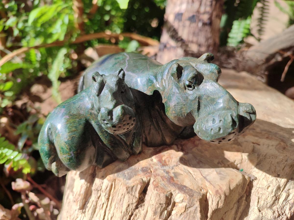 Hand Made Verdite Hippos Carvings x 2 From Zimbabwe