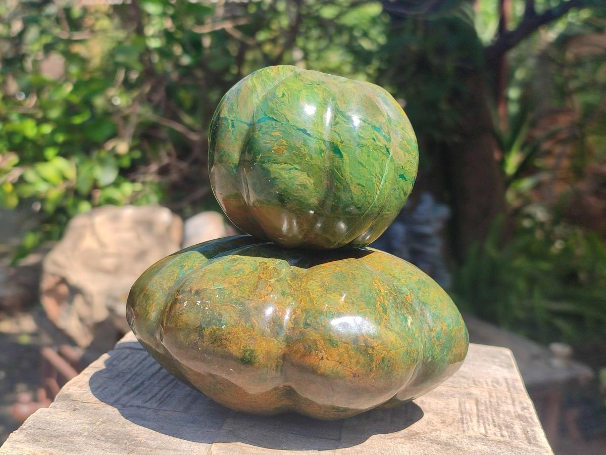 Hand Made Verdite Pumpkins Carvings x 3 From Zimbabwe - Toprock Gemstones and Minerals 