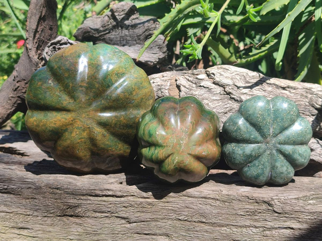 Hand Made Verdite Pumpkins Carvings x 3 From Zimbabwe - Toprock Gemstones and Minerals 