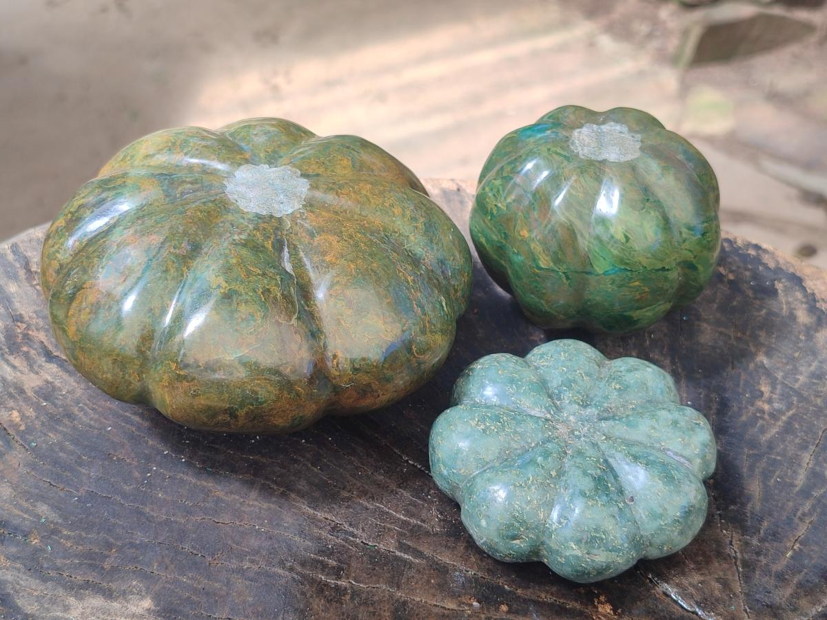 Hand Made Verdite Pumpkins Carvings x 3 From Zimbabwe - Toprock Gemstones and Minerals 