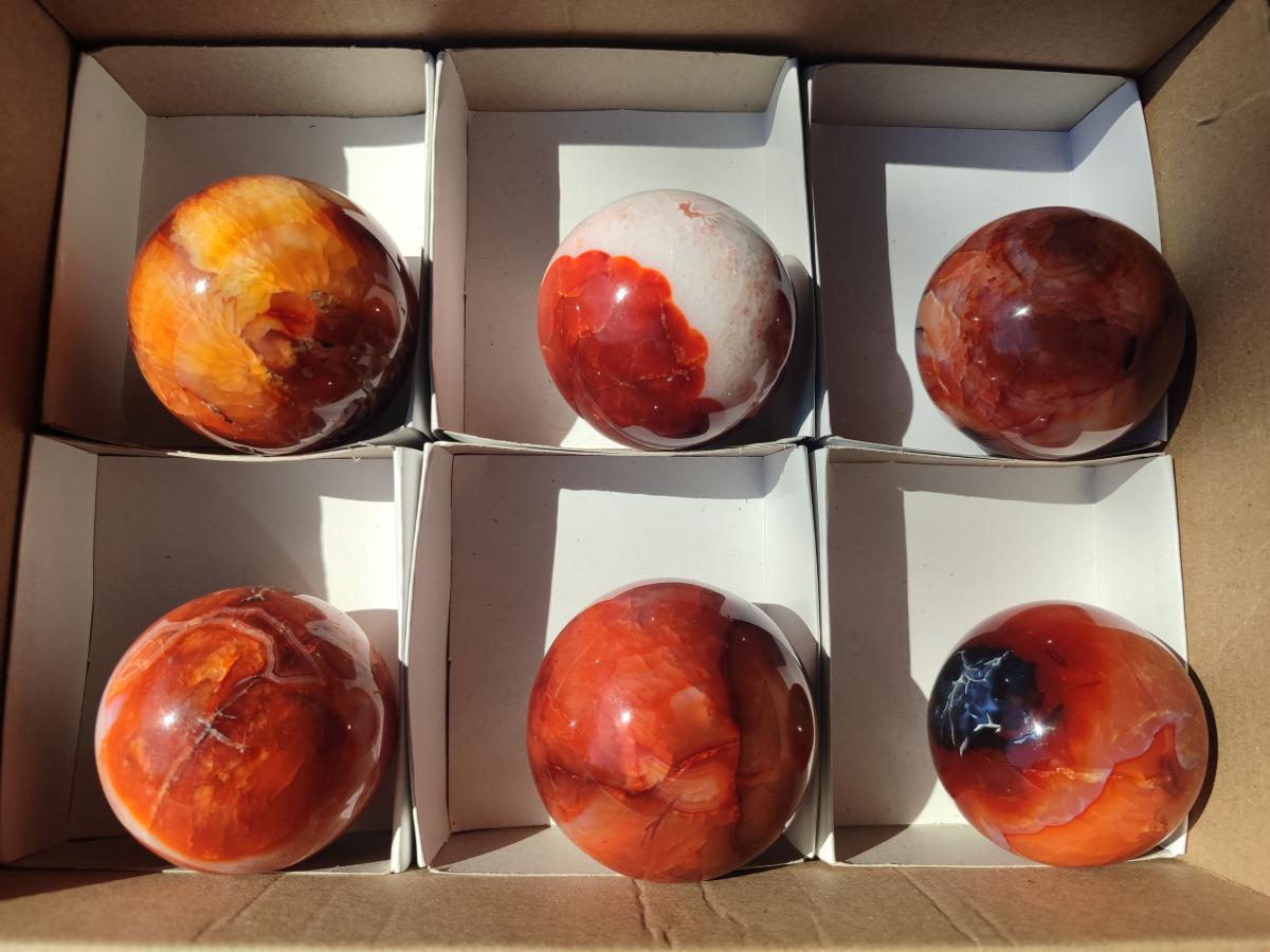 Polished and Natural Carnelian Agate Gemstone Spheres x 6 From Madagascar - Toprock Gemstones and Minerals 