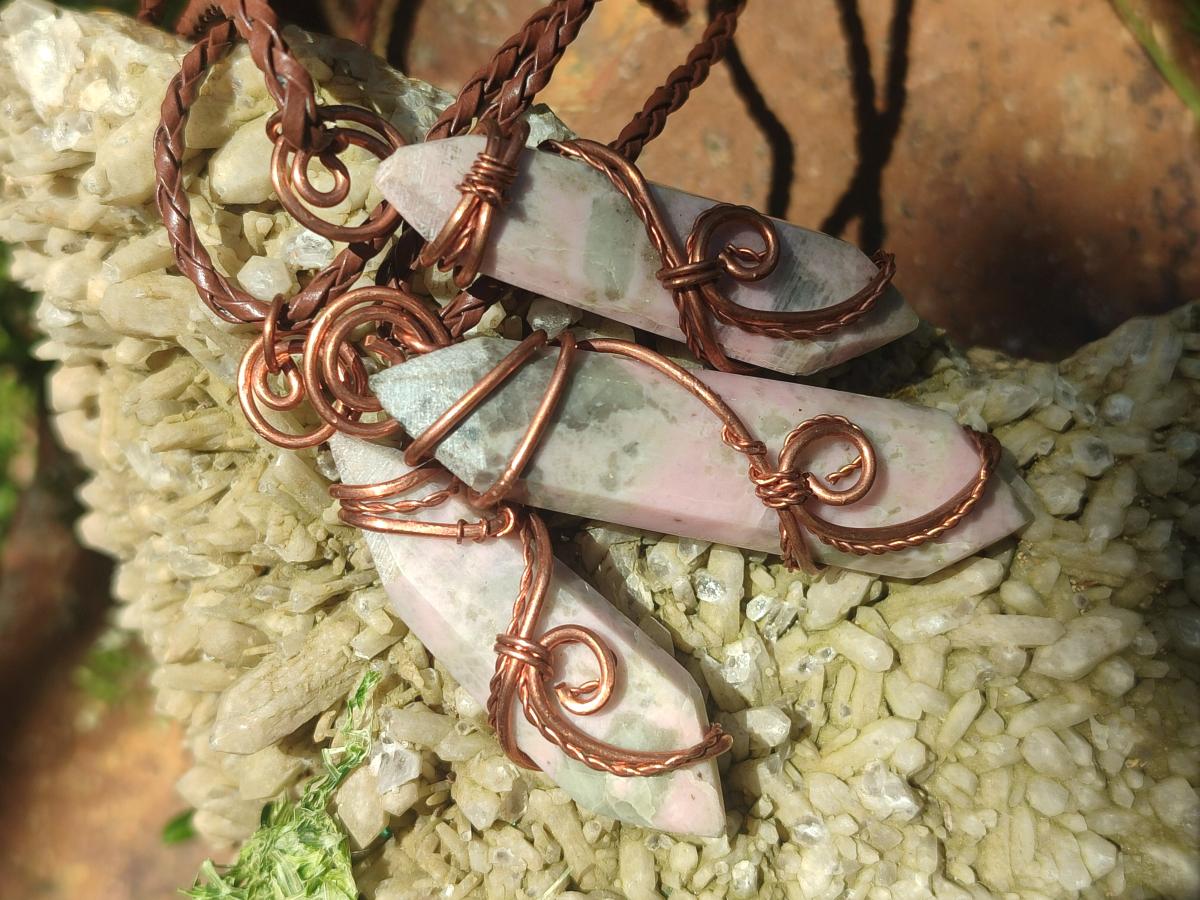 Hand Made Thulite Copper Wire Wrapped Double Terminated Necklaces x 12 From Mozambique - Toprock Gemstones and Minerals 