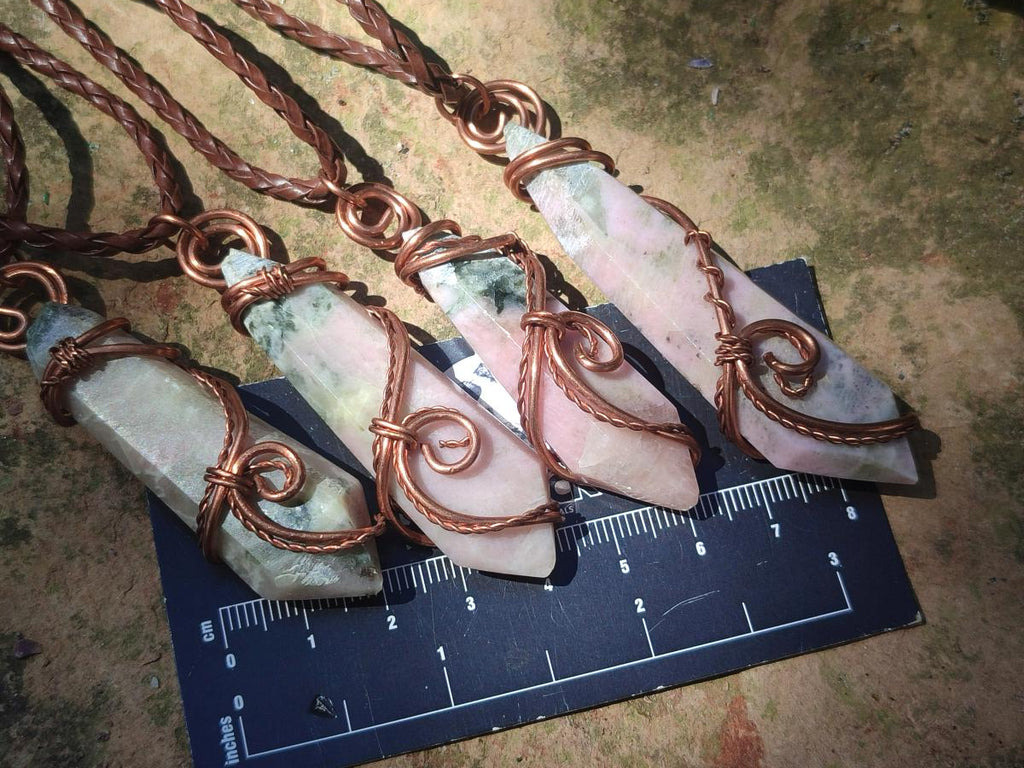 Hand Made Thulite Copper Wire Wrapped Double Terminated Necklaces x 12 From Mozambique - Toprock Gemstones and Minerals 