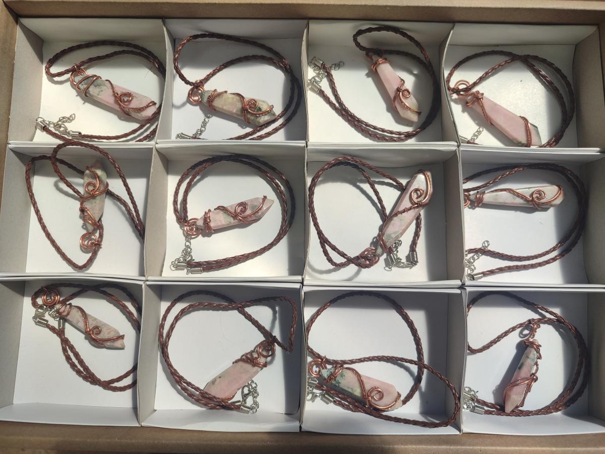 Hand Made Thulite Copper Wire Wrapped Double Terminated Necklaces x 12 From Mozambique - Toprock Gemstones and Minerals 