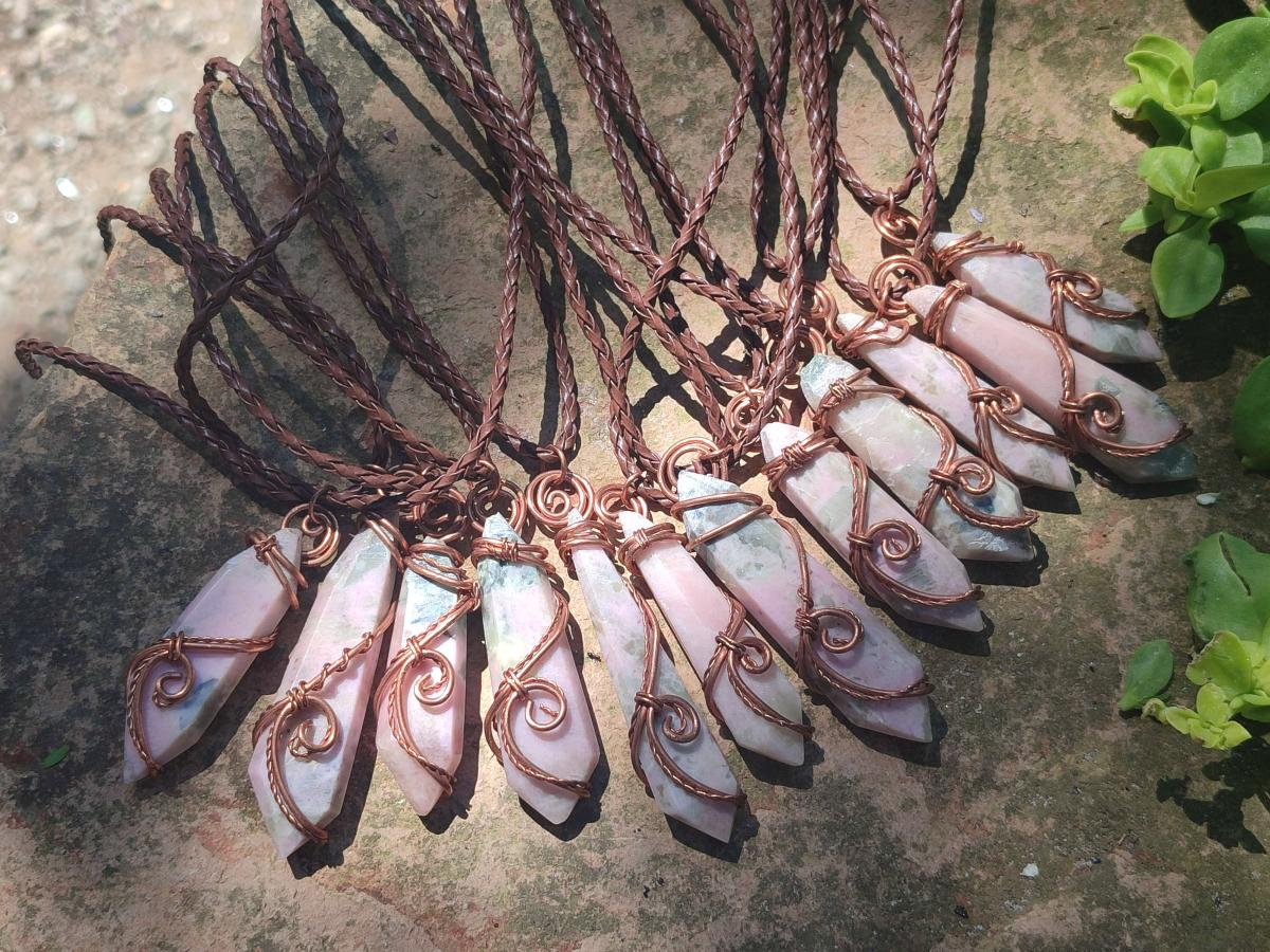Hand Made Thulite Copper Wire Wrapped Double Terminated Necklaces x 12 From Mozambique - Toprock Gemstones and Minerals 