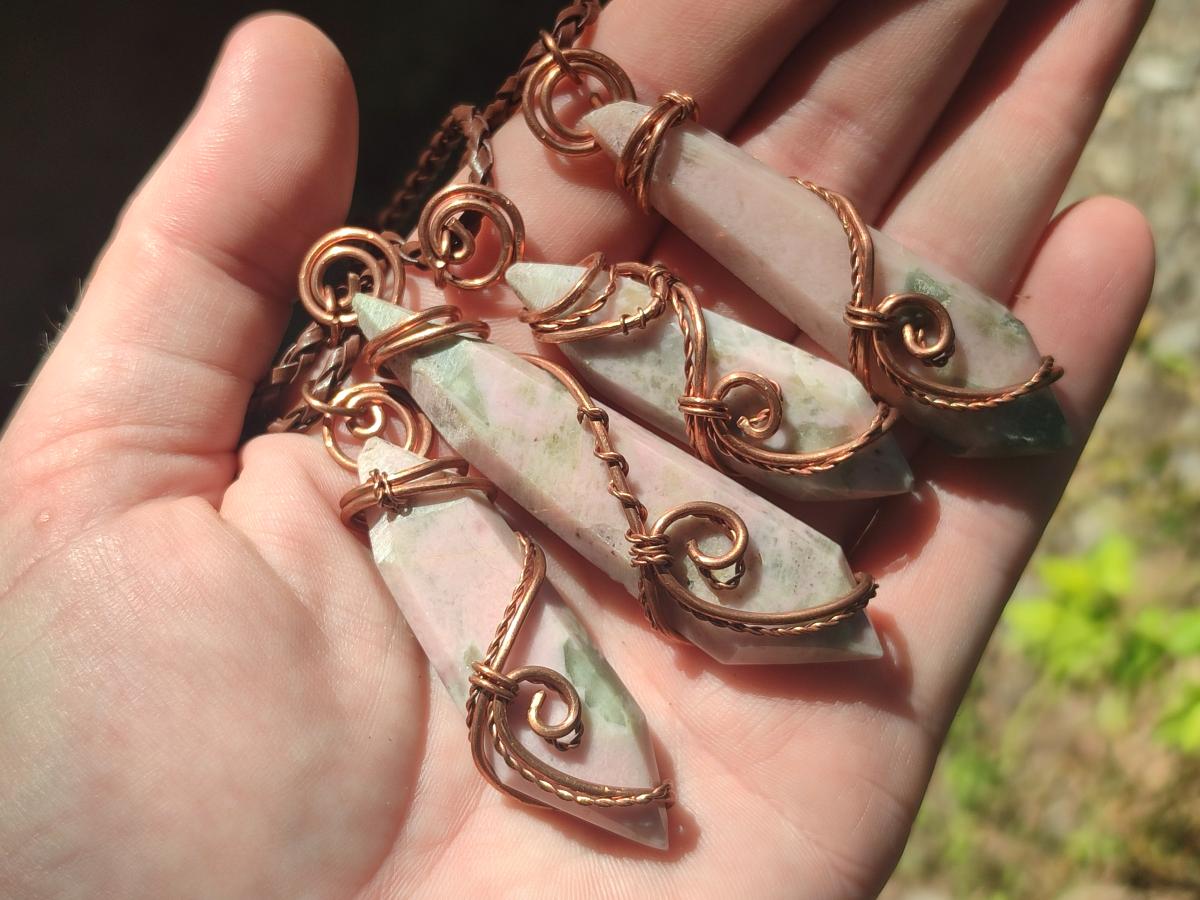 Hand Made Thulite Copper Wire Wrapped Double Terminated Necklaces x 12 From Mozambique - Toprock Gemstones and Minerals 