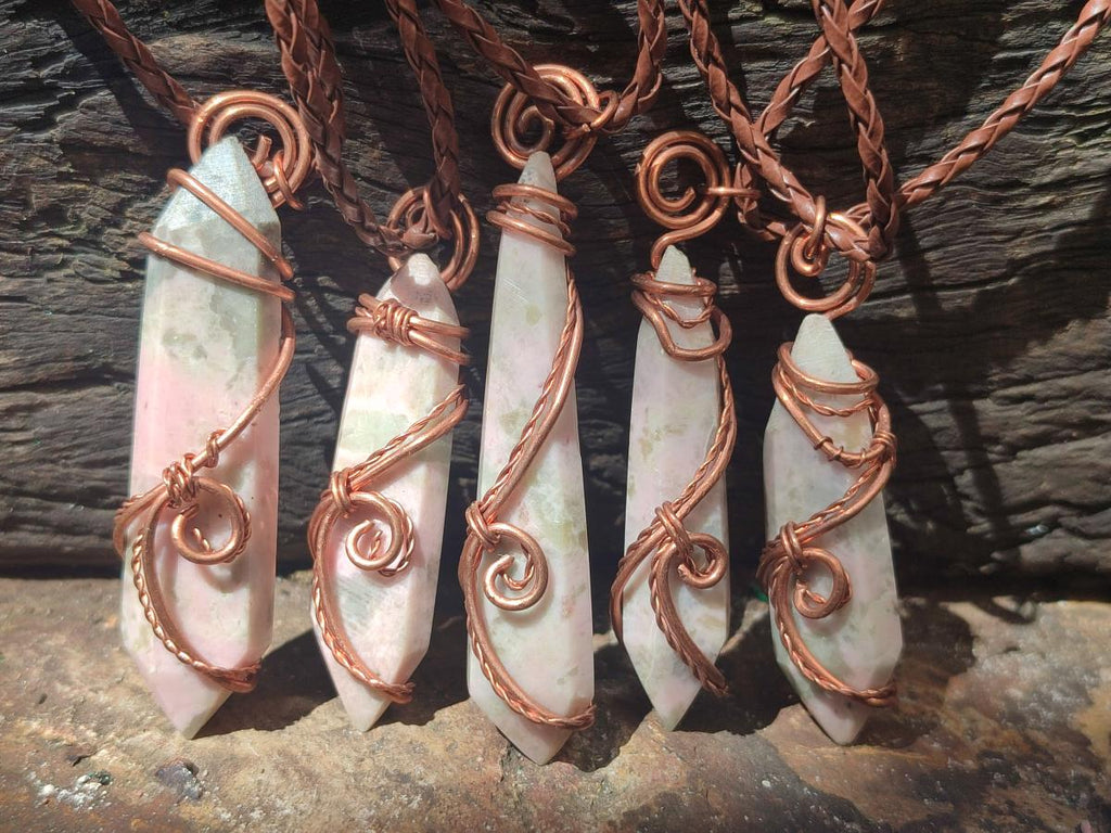 Hand Made Thulite Copper Wire Wrapped Double Terminated Necklaces x 12 From Mozambique - Toprock Gemstones and Minerals 
