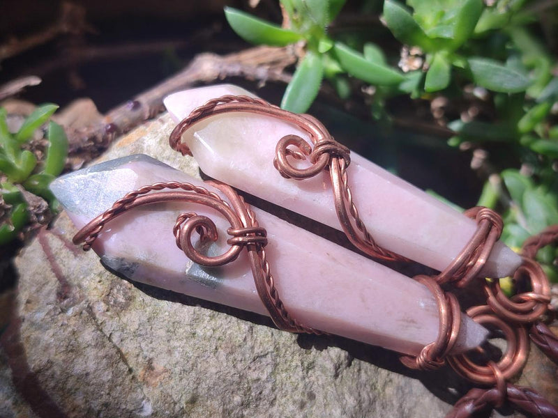 Hand Made Thulite Copper Wire Wrapped Double Terminated Necklaces x 12 From Mozambique - Toprock Gemstones and Minerals 