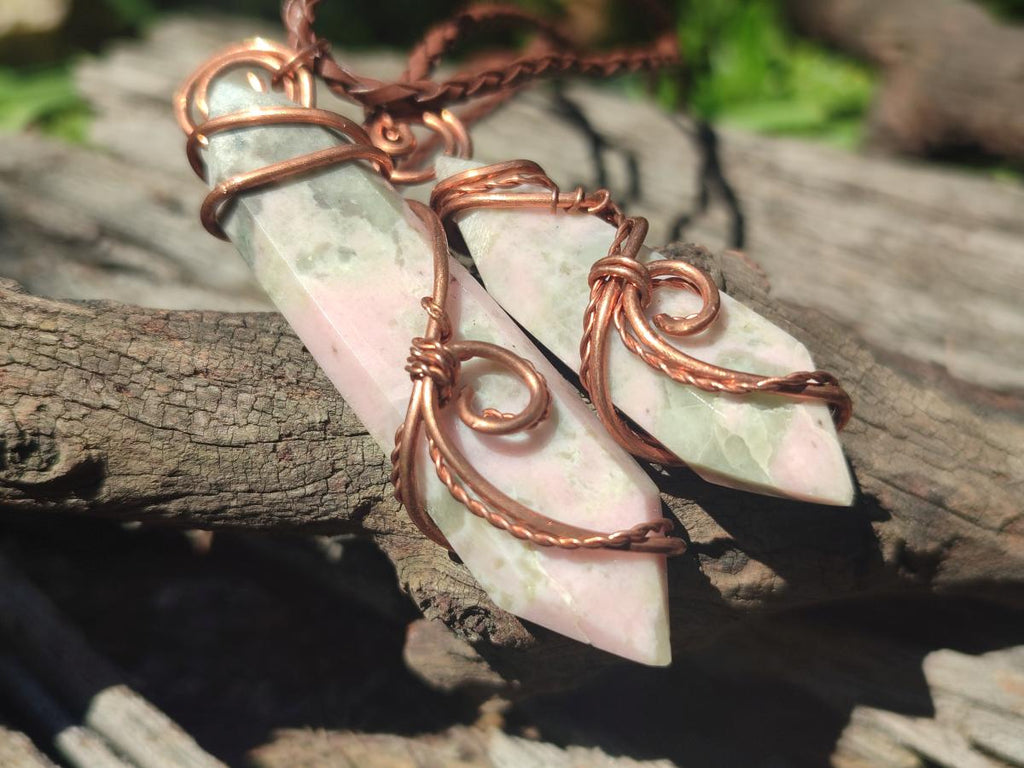 Hand Made Thulite Copper Wire Wrapped Double Terminated Necklaces x 12 From Mozambique - Toprock Gemstones and Minerals 