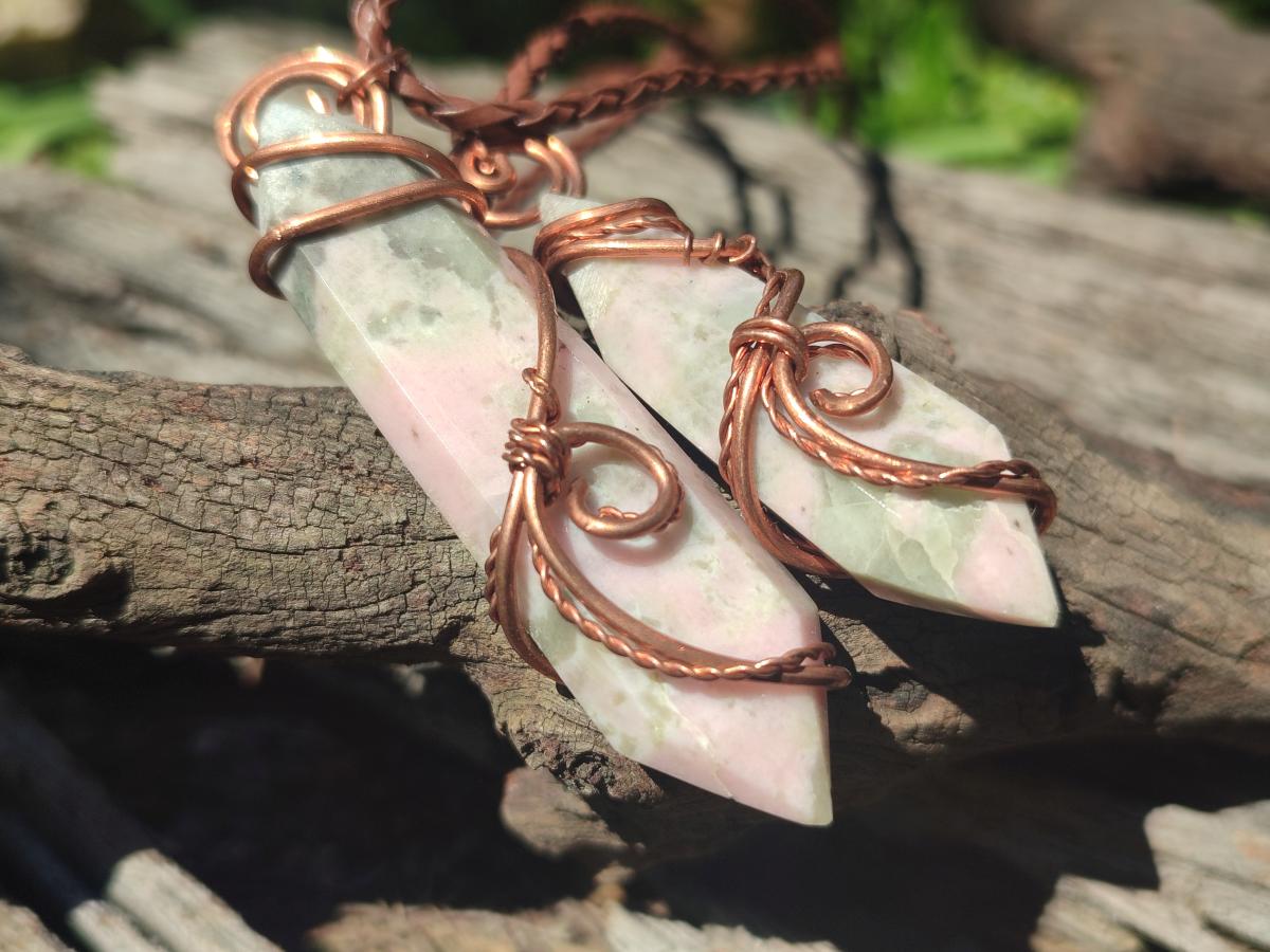 Hand Made Thulite Copper Wire Wrapped Double Terminated Necklaces x 12 From Mozambique - Toprock Gemstones and Minerals 