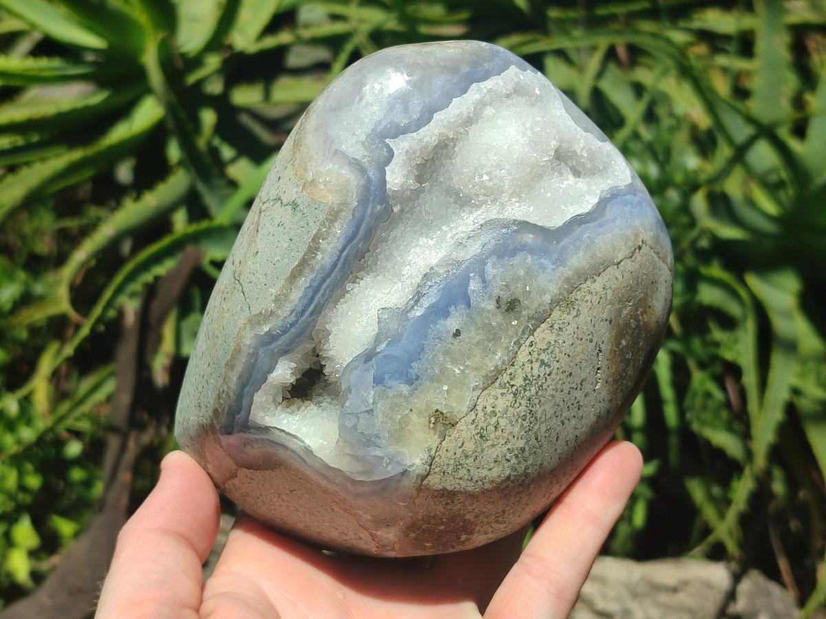 Polished and Natural Large Blue Lace Agate Standing Display Piece with Dogtooth Calcite Crystals x 1 From Nsanje, Malawi - Toprock Gemstones and Minerals 