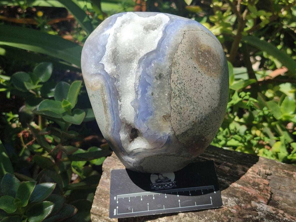 Polished and Natural Large Blue Lace Agate Standing Display Piece with Dogtooth Calcite Crystals x 1 From Nsanje, Malawi - Toprock Gemstones and Minerals 