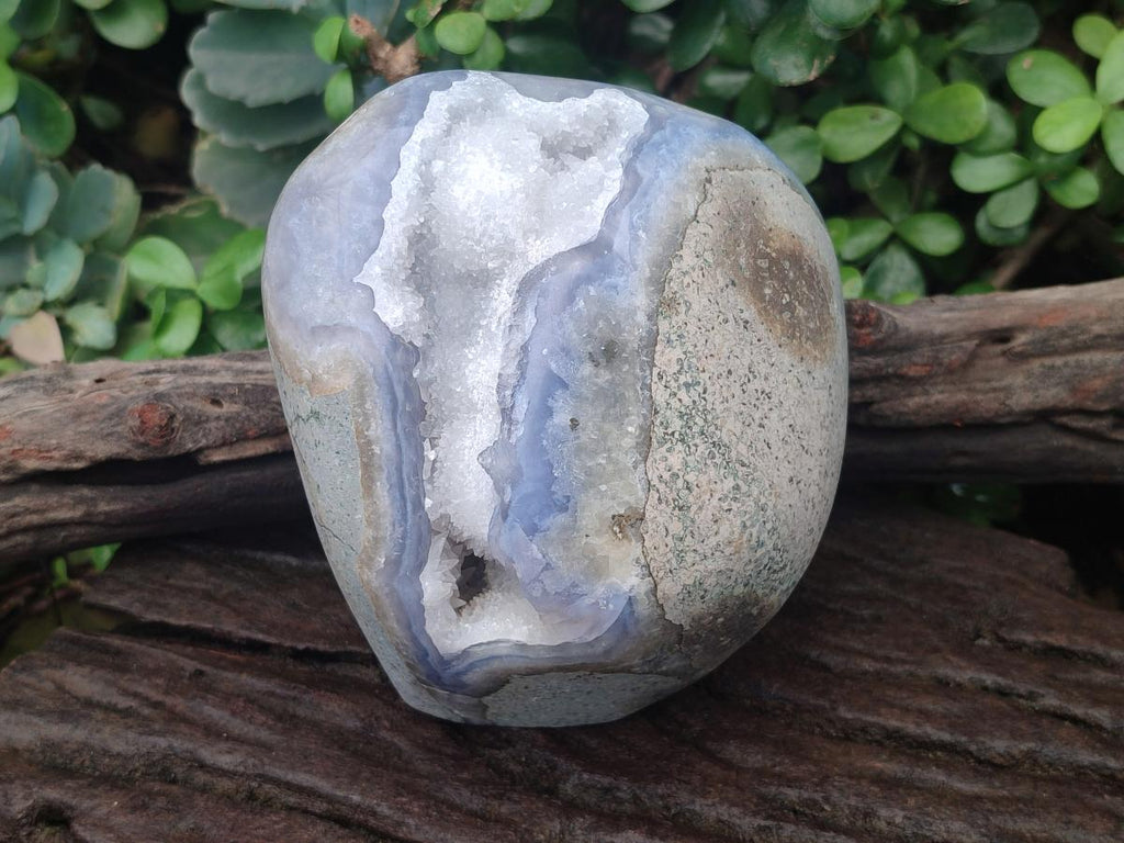 Polished and Natural Large Blue Lace Agate Standing Display Piece with Dogtooth Calcite Crystals x 1 From Nsanje, Malawi - Toprock Gemstones and Minerals 