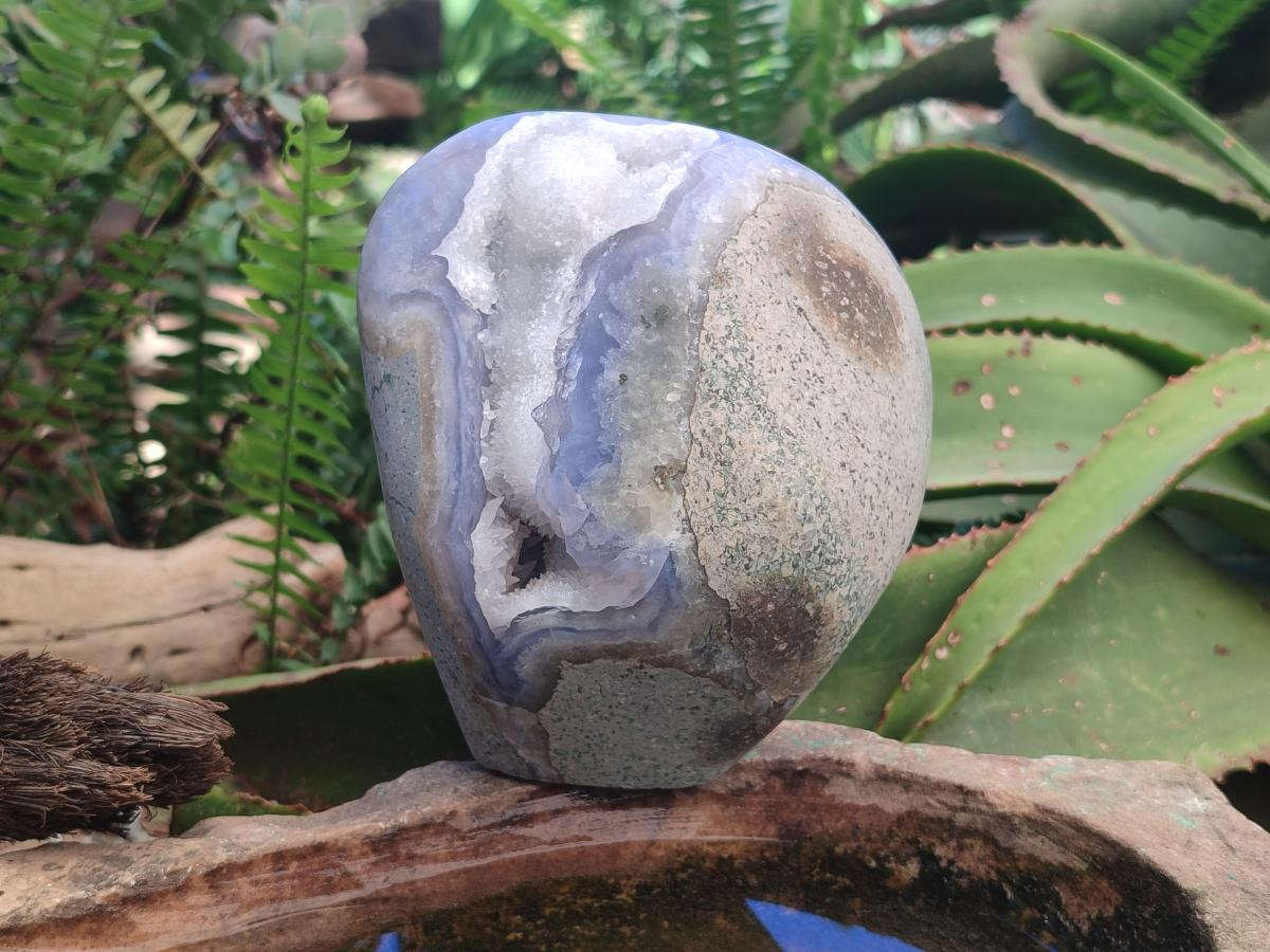 Polished and Natural Large Blue Lace Agate Standing Display Piece with Dogtooth Calcite Crystals x 1 From Nsanje, Malawi - Toprock Gemstones and Minerals 