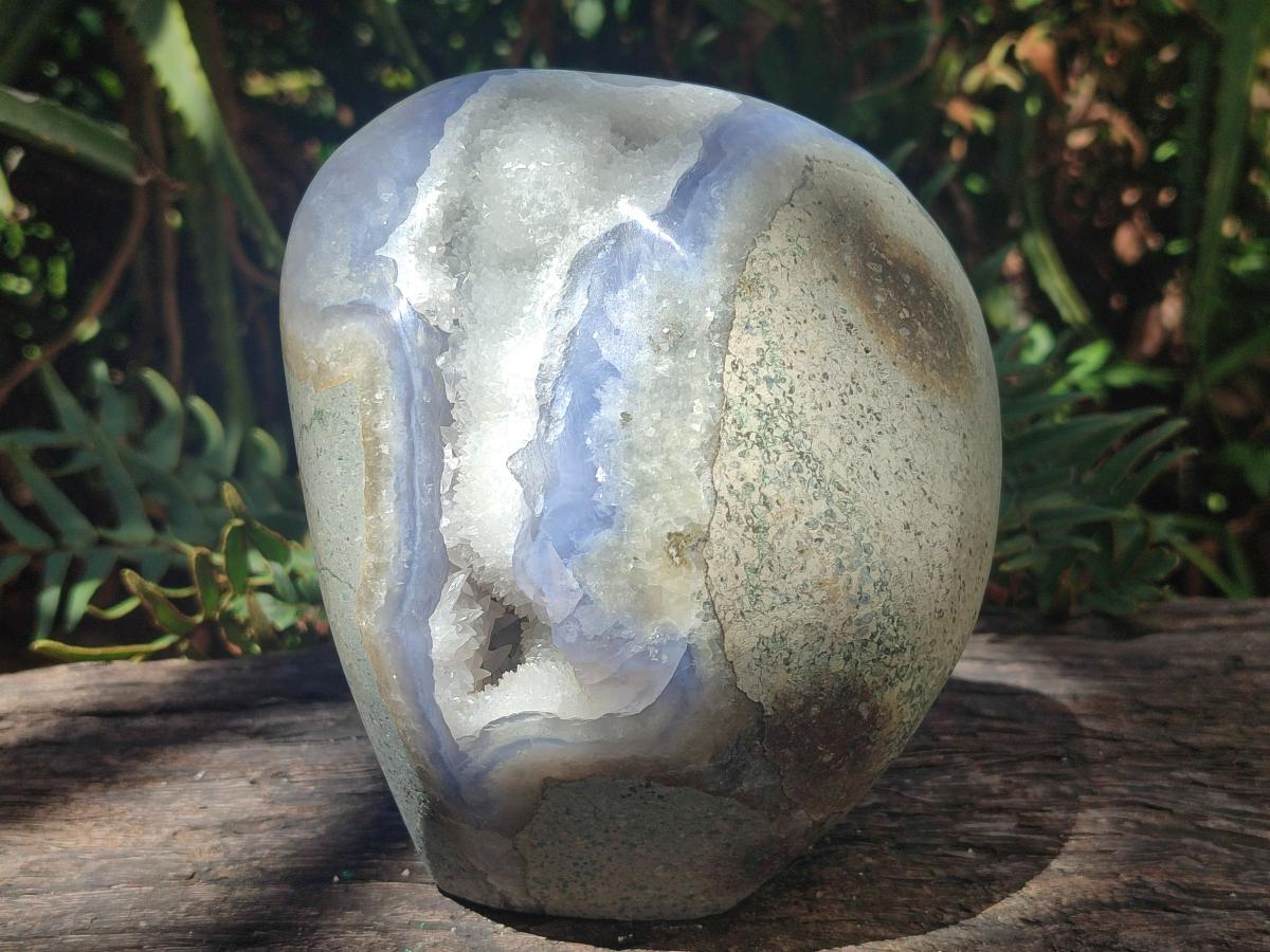 Polished and Natural Large Blue Lace Agate Standing Display Piece with Dogtooth Calcite Crystals x 1 From Nsanje, Malawi - Toprock Gemstones and Minerals 