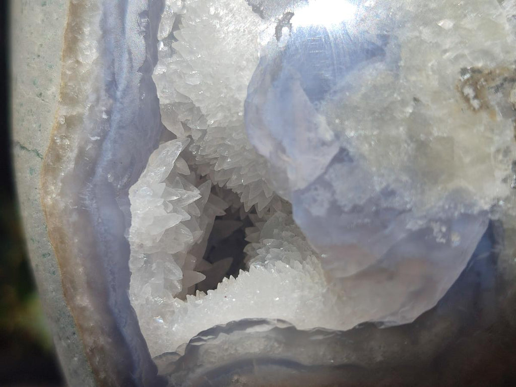 Polished and Natural Large Blue Lace Agate Standing Display Piece with Dogtooth Calcite Crystals x 1 From Nsanje, Malawi - Toprock Gemstones and Minerals 