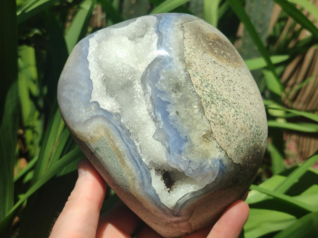 Polished and Natural Large Blue Lace Agate Standing Display Piece with Dogtooth Calcite Crystals x 1 From Nsanje, Malawi - Toprock Gemstones and Minerals 