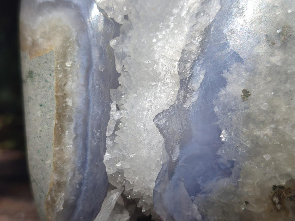 Polished and Natural Large Blue Lace Agate Standing Display Piece with Dogtooth Calcite Crystals x 1 From Nsanje, Malawi - Toprock Gemstones and Minerals 