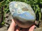 Polished and Natural Large Blue Lace Agate Standing Display Piece with Dogtooth Calcite Crystals x 1 From Nsanje, Malawi - Toprock Gemstones and Minerals 