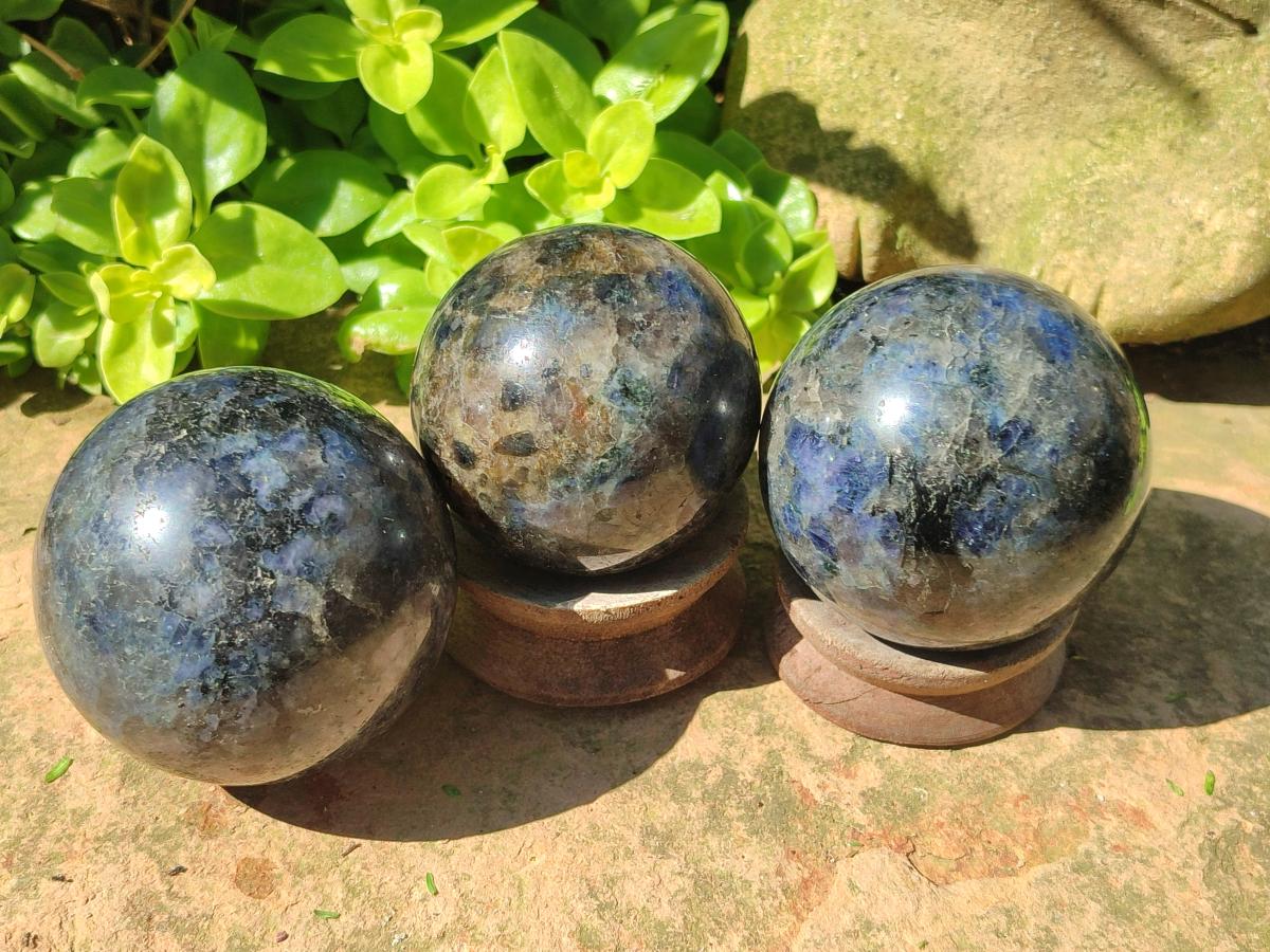 Polished Blue Iolite "Water Sapphire" Spheres with Blue Cordierite x 3 From Madagascar - Toprock Gemstones and Minerals 