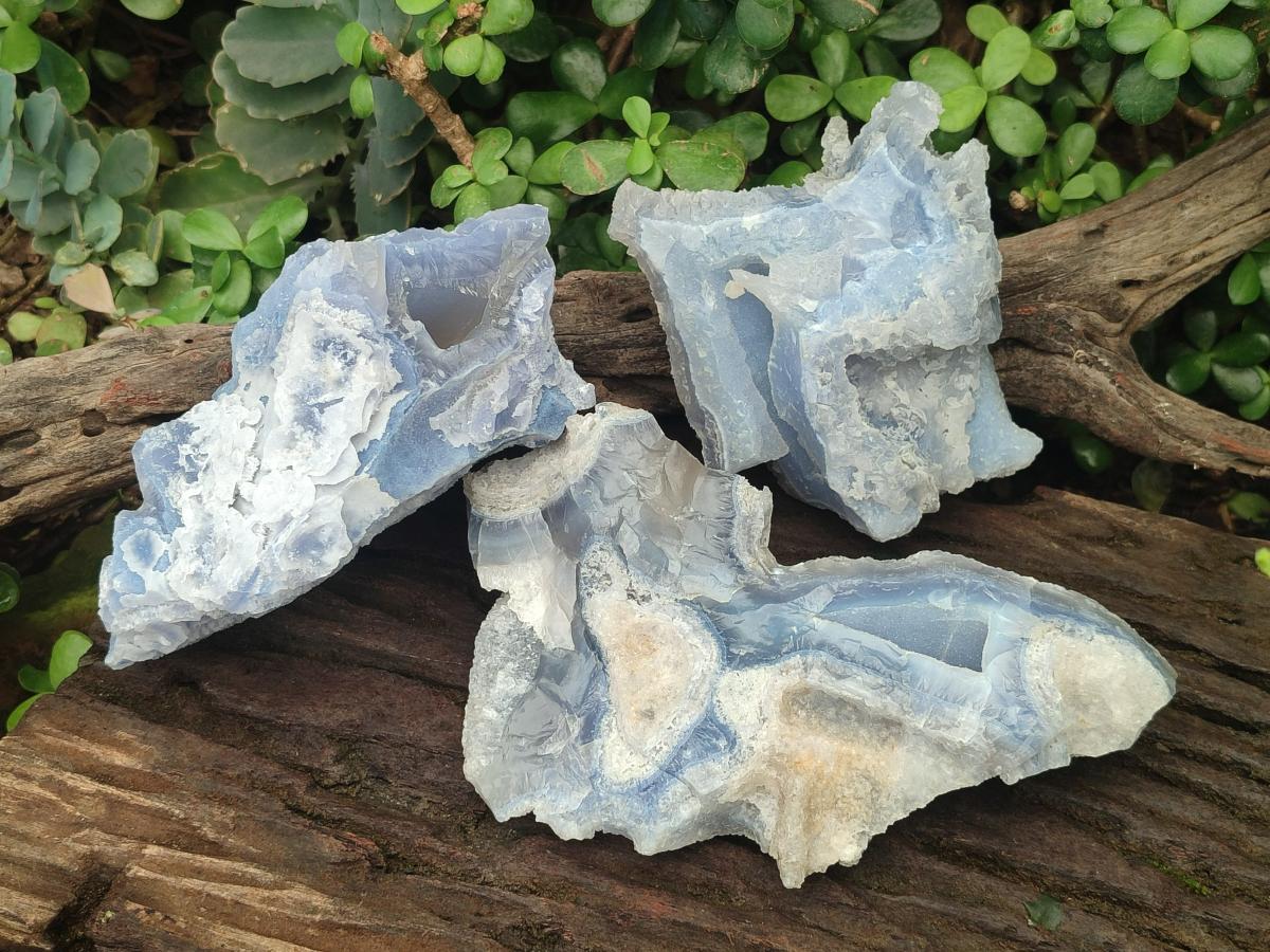 Natural Etched Blue Chalcedony Specimens x 3 From Nsanje, Malawi - Toprock Gemstones and Minerals 