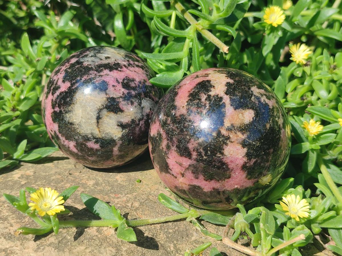 Polished Rhodonite Gemstone Spheres x 4 From Ambindavato, Madagascar - Toprock Gemstones and Minerals 