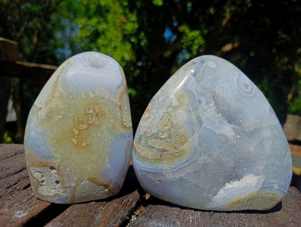 Polished and Natural Blue Lace Agate Standing Display Pieces x 2 From Nsanje, Malawi - Toprock Gemstones and Minerals 