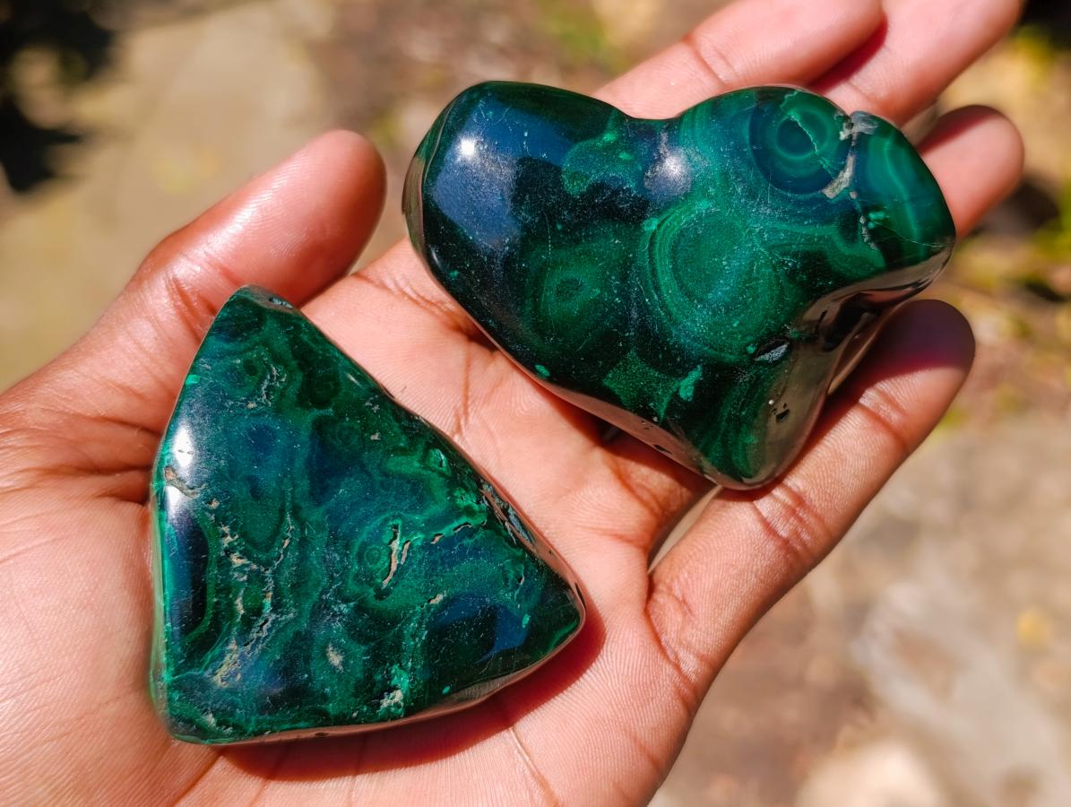 Polished and Natural Flower Banded Malachite Free Forms x 6 From Congo - Toprock Gemstones and Minerals 