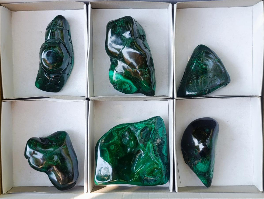 Polished and Natural Flower Banded Malachite Free Forms x 6 From Congo - Toprock Gemstones and Minerals 