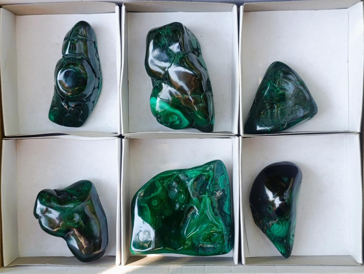 Polished and Natural Flower Banded Malachite Free Forms x 6 From Congo - Toprock Gemstones and Minerals 