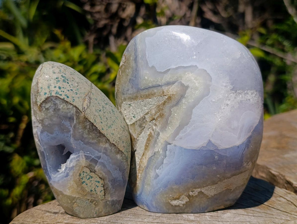 Polished and Natural Blue Lace Agate Standing Display Pieces x 2 From Nsanje, Malawi - Toprock Gemstones and Minerals 