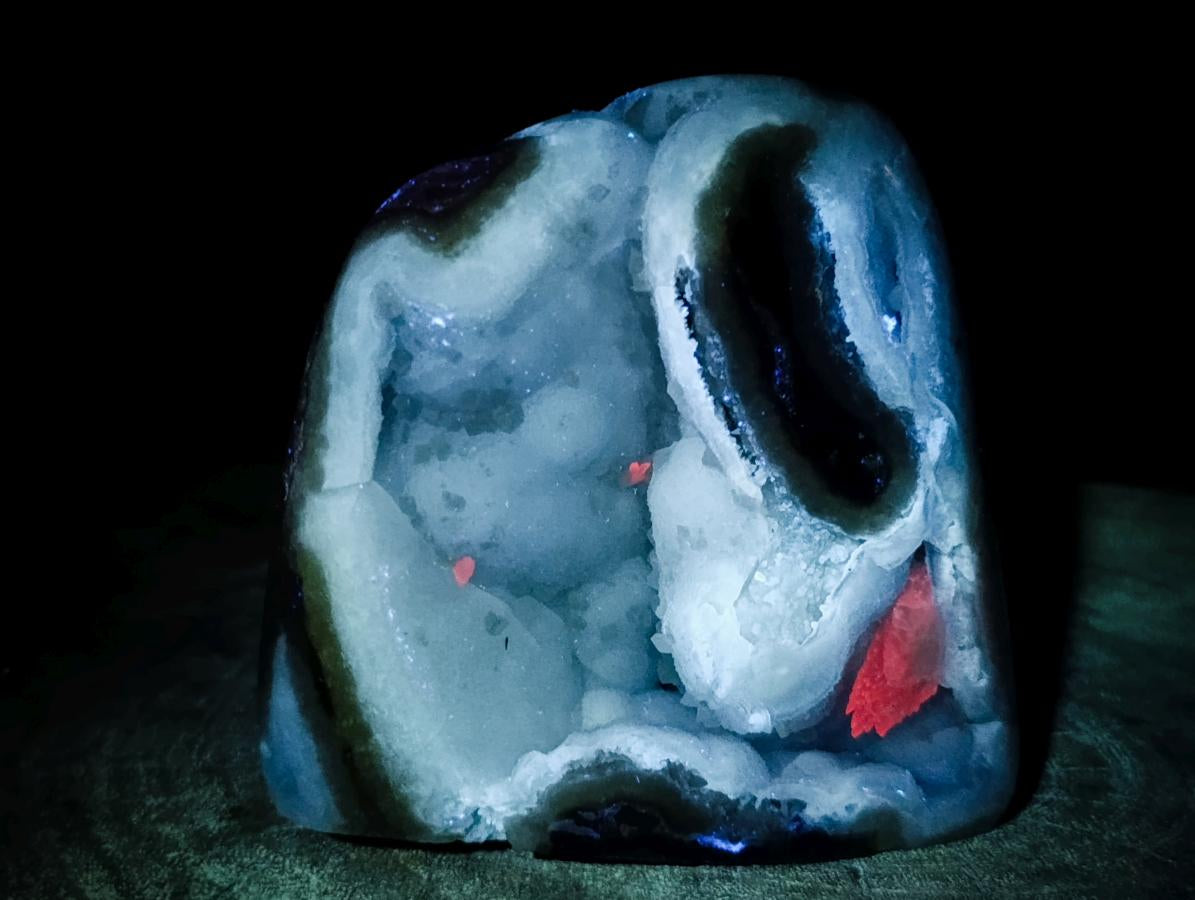 Polished and Natural Blue Lace Agate Standing Display Pieces with Dogtooth Calcite Crystals x 2 From Nsanje, Malawi - Toprock Gemstones and Minerals 