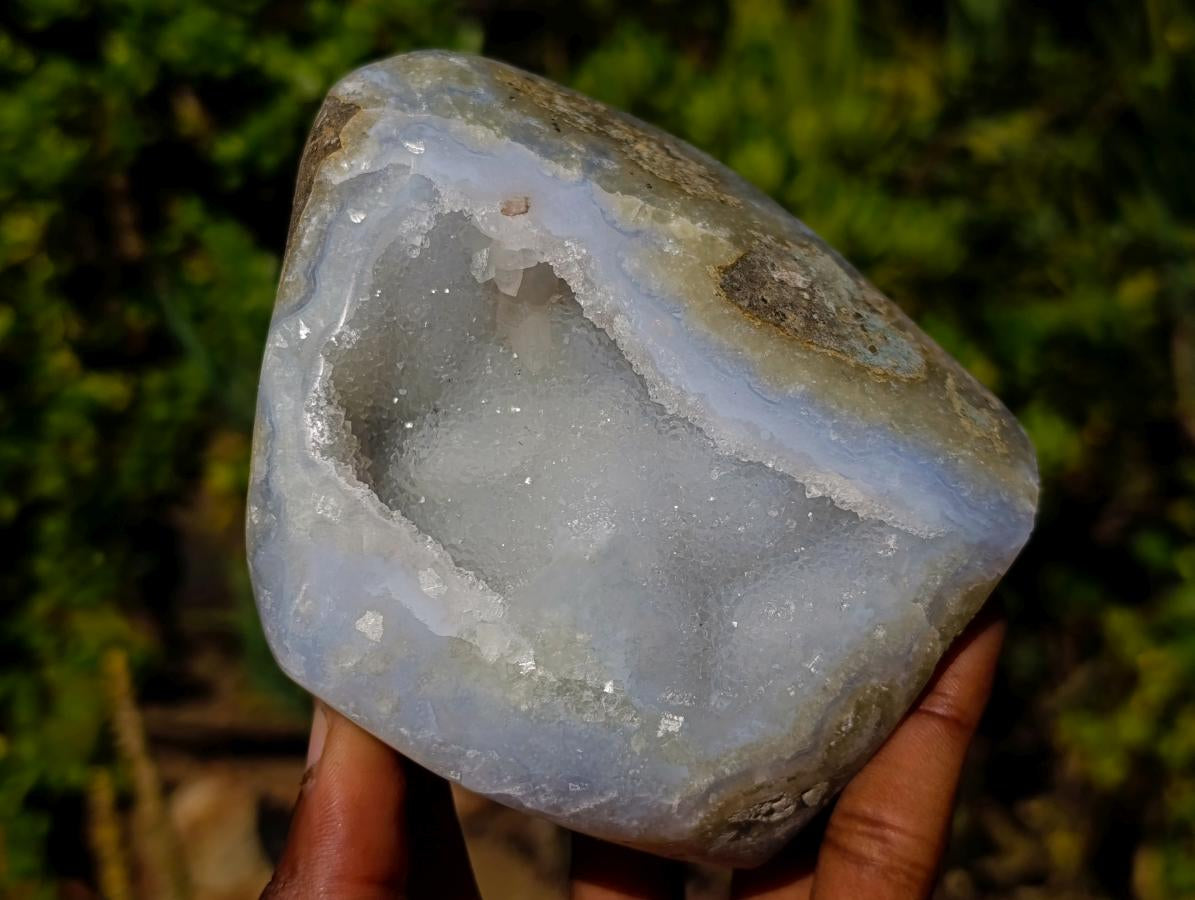 Polished and Natural Blue Lace Agate Standing Display Pieces with Dogtooth Calcite Crystals x 2 From Nsanje, Malawi - Toprock Gemstones and Minerals 