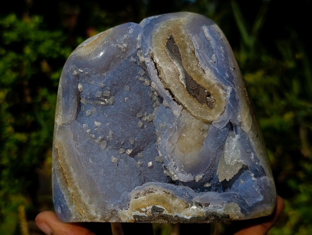 Polished and Natural Blue Lace Agate Standing Display Pieces with Dogtooth Calcite Crystals x 2 From Nsanje, Malawi - Toprock Gemstones and Minerals 