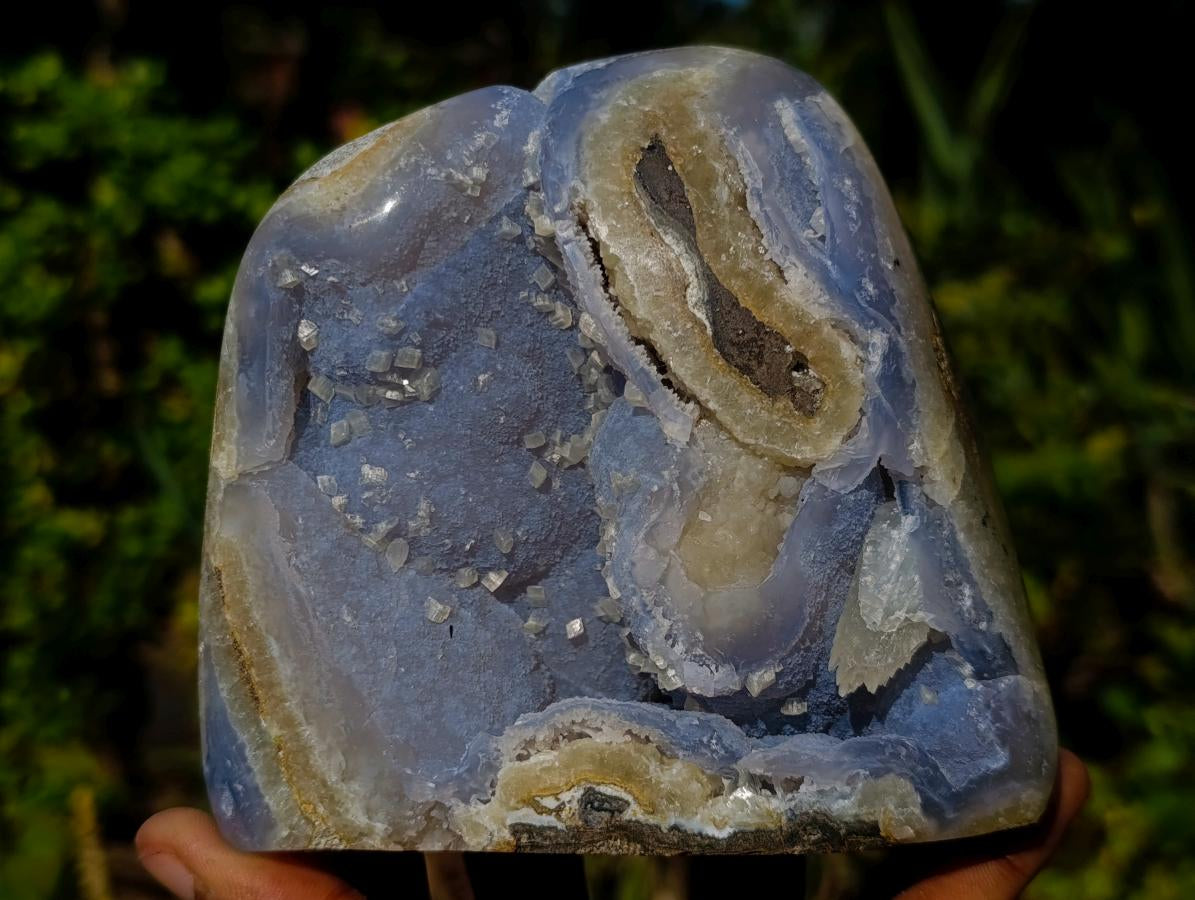 Polished and Natural Blue Lace Agate Standing Display Pieces with Dogtooth Calcite Crystals x 2 From Nsanje, Malawi - Toprock Gemstones and Minerals 