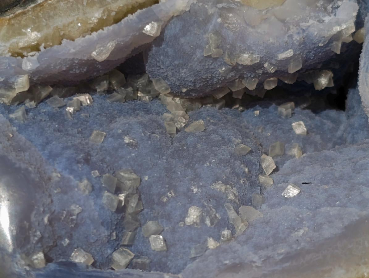 Polished and Natural Blue Lace Agate Standing Display Pieces with Dogtooth Calcite Crystals x 2 From Nsanje, Malawi - Toprock Gemstones and Minerals 