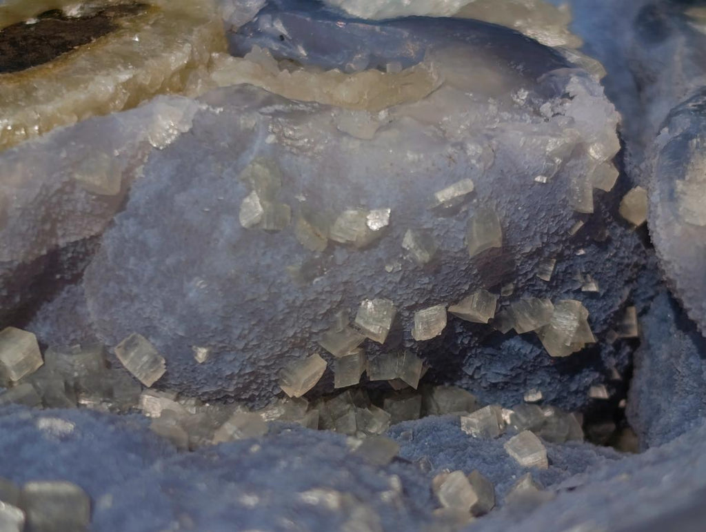 Polished and Natural Blue Lace Agate Standing Display Pieces with Dogtooth Calcite Crystals x 2 From Nsanje, Malawi - Toprock Gemstones and Minerals 