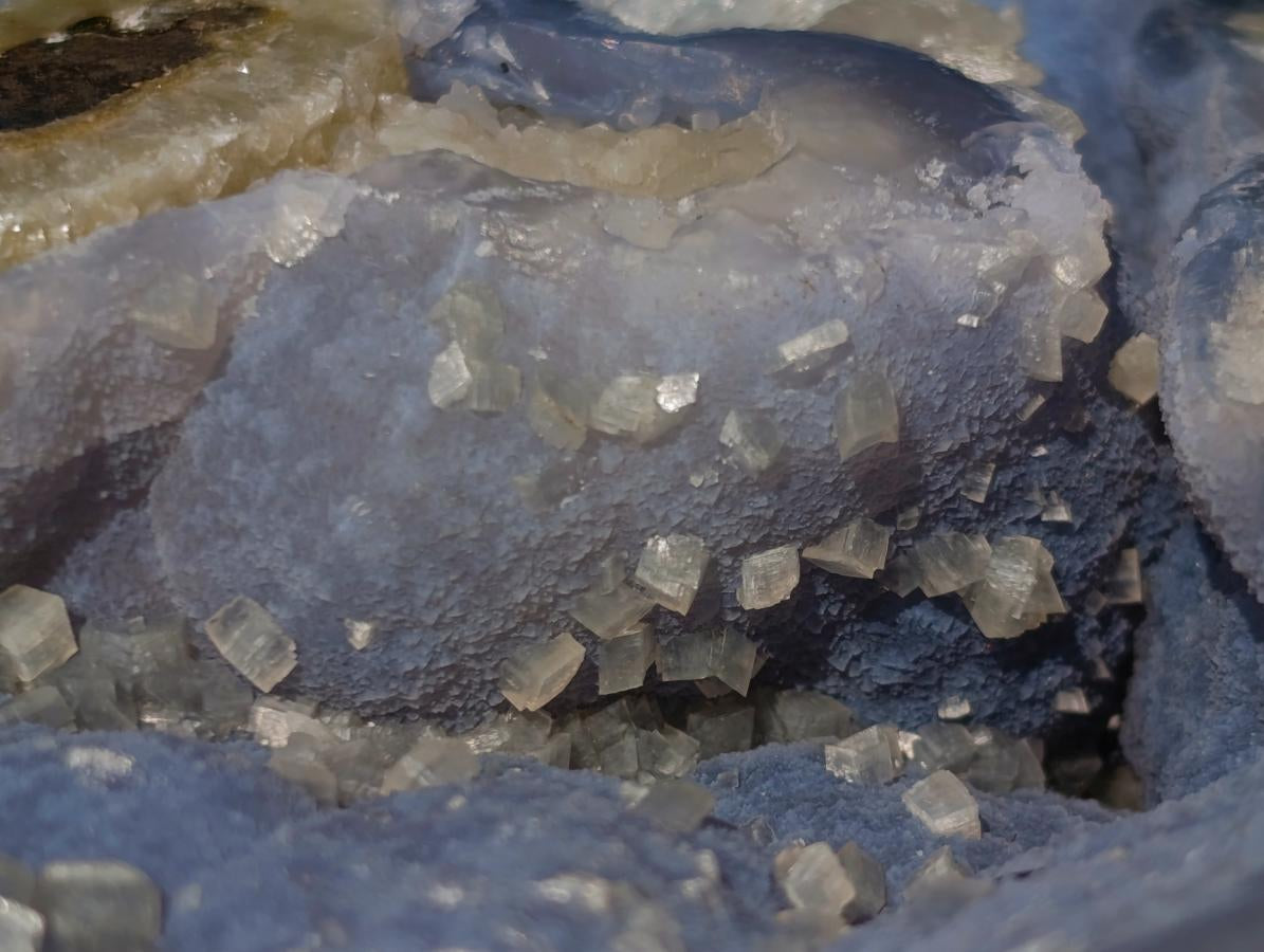 Polished and Natural Blue Lace Agate Standing Display Pieces with Dogtooth Calcite Crystals x 2 From Nsanje, Malawi - Toprock Gemstones and Minerals 
