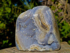 Polished and Natural Blue Lace Agate Standing Display Pieces with Dogtooth Calcite Crystals x 2 From Nsanje, Malawi - Toprock Gemstones and Minerals 