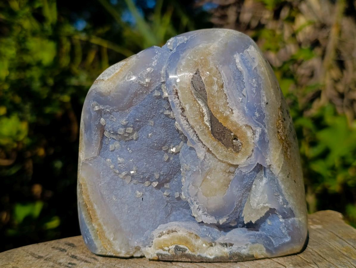Polished and Natural Blue Lace Agate Standing Display Pieces with Dogtooth Calcite Crystals x 2 From Nsanje, Malawi - Toprock Gemstones and Minerals 